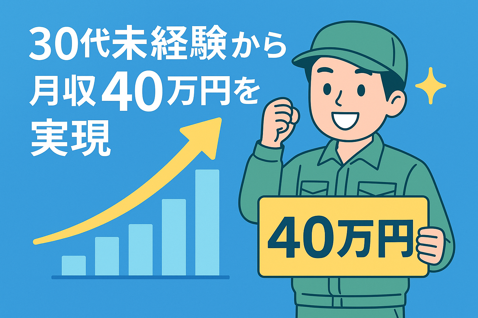 30代未経験の軽貨物ドライバーが月収40万円を達成した成功イメージ。作業着姿の男性ドライバーが「40万円」と書かれたボードを掲げ、右肩上がりのグラフと黄色い上昇矢印で収入アップを表現しているイラスト。
