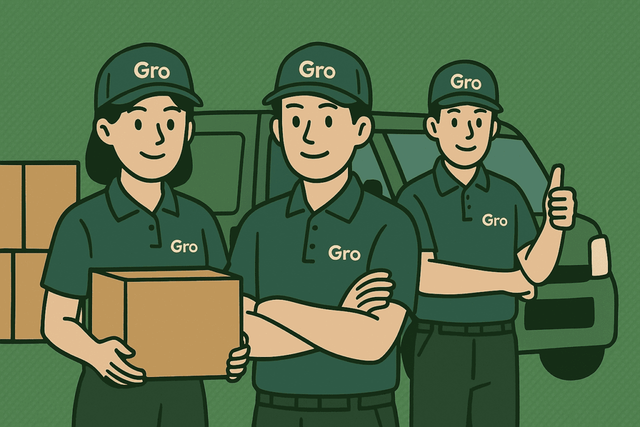Groの制服とキャップを着用した男女3名の軽貨物ドライバーと軽バンのイラスト